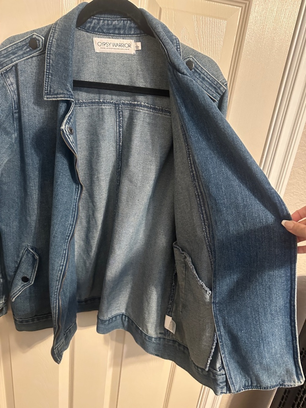 Gypsy Warrior Asymmetrical Full-Zip Denim Jean Jacket, Medium Blue Wash, Sz XL - Picture 9 of 16